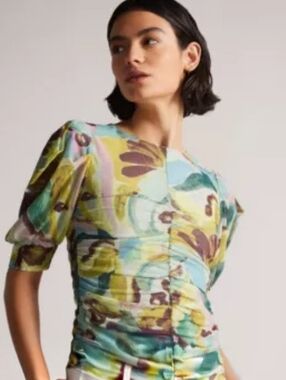 Ted Baker Vyoll Abstract Print Drape Sleeve Mesh Top Size 1